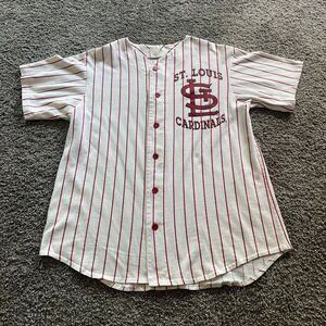 Vintage 90s St. Louis Cardinals Jersey Button Up Pinstripe White Red Size L MLB